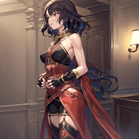 Hephaestion a pretty woman dressed in a tall red dress, 1girl, long hair, solo, thighhighs, gloves, black hair, fingerless gloves, indoors, room background,