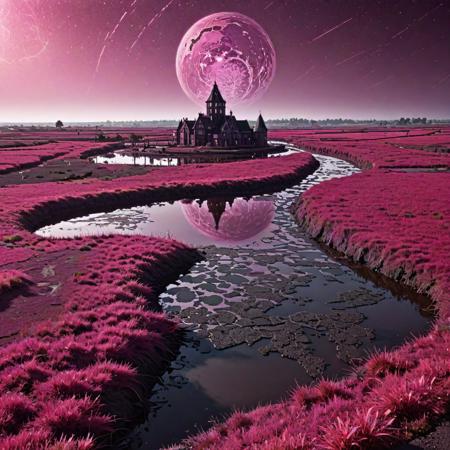 anime key visual, fairy tale, landscape of a dark pink (Netherlands:1.3) from inside of a Tanzania, it is very Ornate and Rusty, Wet vegetation and Planet Jupiter in background, Summer, ultrafine detailed, Relaxed, Arte Povera, specular lighting, F/14, Grayscale, stylized, geometric patterns, Best quality, arthouse, (art by Atey Ghailan:0.8) , (Range Murata:1.1)