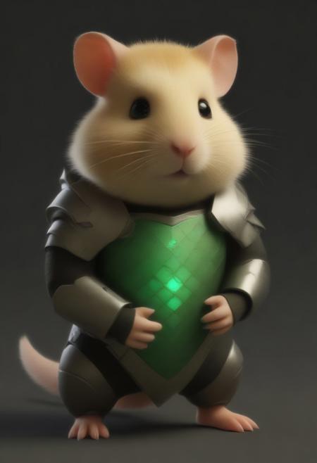 animal, armored hamster, intricate scales, novuschroma54 style armor plating, glowing gemstone embedded in bracer, slit pupils, futuristic design, green energy accents, reinforced metallic structure, detailed textures, high-tech aesthetic, cinematic lighting, dynamic pose, fantasy cybernetic fusion