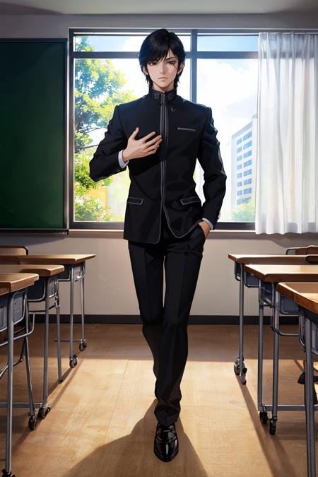 beautiful, masterpiece, best quality, beautiful, looking at viewer, classroom, full body
<lora:nakajima:1> nakajimamt, black hair, school uniform, gakuran, black eyes, pants, 1boy