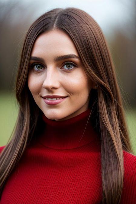 A stunning intricate full color portrait of p3tr4_morg4n, wearing a Red turtleneck, epic character composition, by ilya kuvshinov, alessio albi, nina masic, sharp focus, natural lighting, subsurface scattering, f2, 35mm, film grain, 
 1girl, long hair,   looking at viewer,  smile,         closeup, (happy:0.2),  
(sfw:1.2),  (photorealistic:1.2)
   <lora:Petra_Morgan_v1:0.9>