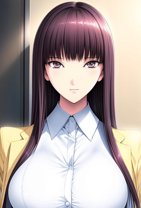 Simple White Background,
Yellow jacket,long sleeves, white shirt, collared shirt, 
<lora:Sonobe_Sora_NingenDebris-KK77-V1:0.7>,
Black_Hair,Black_Eyes,blunt bangs, long hair, 
<lora:Oda_Non_Style-KK77-V2:0.3>,<lora:more_details:0.1>,
1 girl, 20yo,Young female,Beautiful Finger,Beautiful long legs,Beautiful body,Beautiful Nose,Beautiful character design, perfect eyes, perfect face,expressive eyes,perfect balance,
looking at viewer,(Focus on her face),closed mouth, (innocent_big_eyes:1.0),(Light_Smile:0.3),
official art,extremely detailed CG unity 8k wallpaper, perfect lighting,Colorful, Bright_Front_face_Lighting,White skin,
(masterpiece:1.0),(best_quality:1.0), ultra high res,4K,ultra-detailed,
photography, 8K, HDR, highres, absurdres:1.2, Kodak portra 400, film grain, blurry background, bokeh:1.2, lens flare, (vibrant_color:1.2),professional photograph,
(Beautiful,large_Breasts:1.4), (beautiful_face:1.5),(narrow_waist),