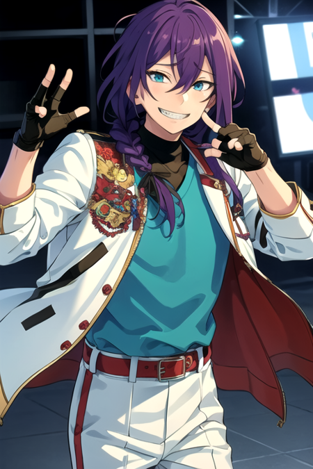 <lora:Mayoi-05:0.7> ,mayoi, solo, long hair, looking at viewer, smile, blue eyes,  shirt, gloves, 1boy, jacket, purple hair, braid, male focus, open clothes, teeth, black gloves, belt, pants, fingerless gloves, grin, black shirt, sharp teeth, blue jacket, checkered clothes