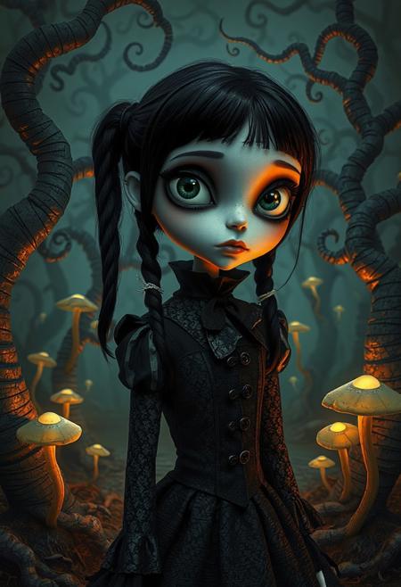 Wednesday Addams in the style of Tim Burton’s stop-motion films, with exaggerated, hauntingly beautiful features. Her large, expressive eyes are shadowed by dark circles, and her pale skin contrasts against her intricate gothic attire. She stands in a surreal, twisted landscape with spiraling trees and eerie glowing mushrooms. The atmosphere is haunting yet strangely whimsical, with a vintage horror aesthetic. Dark fantasy, Burtonesque, intricate textures, high detail.