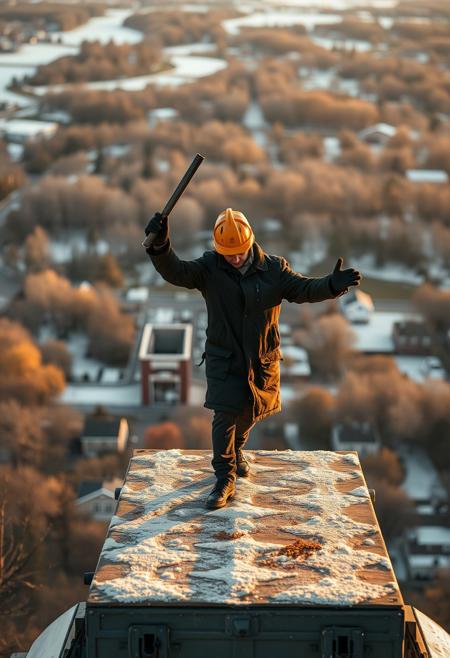 doing a trick, https://Gleisfreimeldeanlagen.com/Platznutzern, Schreibmaschinenzeichens Kopfgelenk aus Messerheften in einer Bugklappe, golden hour, Enigmatic, weitermacht, view from far above, heavy coat