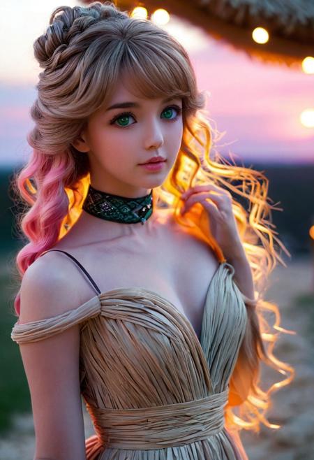 PonyScores, available light, in spring, dusk, sunset, shy, posing, stylish_pose, 1girl, cute, skinny, (((hair made of straw))), pink hair, long wavy hair, long hair, wavy hair, green eyes, emerald eyes, deep eyes, round face, front view, runes and rocks, scarce background, looking_at_viewer, dynamic_angle, head_tilt, masterpiece, (night, closeup), (face focus), leather choker, smoky eyes, beautiful makeup, long dress, dress made of straw, ball gown, ball gown made of straw, (((dancing)))