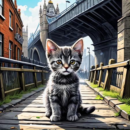 comics illustration of a striped gray kitten in london street under the bridge,  <lora:Jussi_the_neural_cat-000006:0.85>, (jussi:0.79), high resolution, 4k, UHD, masterpiece,  view of old london town, vibrant colors, Contemporary Art style