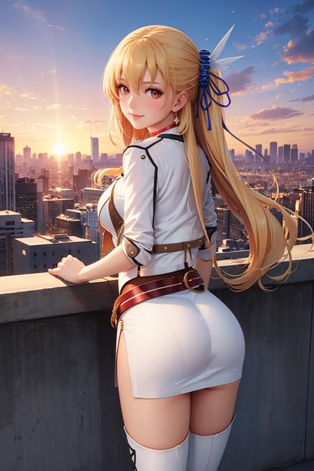 masterpiece, best quality, alisa reinford, sen3alisa, side ponytail, scrunchie, choker, white jacket, white dress, red belt, white thigh boots, looking at viewer, sky, purple sky, sunset, looking at viewer, smile, blushing, from behind, city skyline <lora:alisa-nvwls-v2-000009:1>