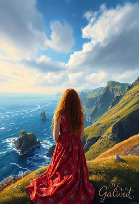 The Galway girl and a spectacular, rugged west coast of Ireland scenery, a majestic oil painting