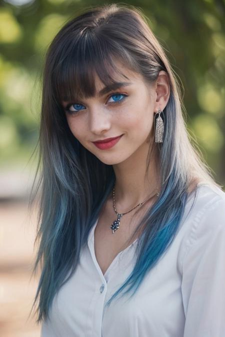 (hdr, dark shot:1.2), portrait photo of the most beautiful cute 20yo swedish girl, (((head portrait view, perfecteyes eyes, big blue eyes, eye lighting, outside, perfect female anatomy. 1 girl, solo, bangs, round face, Gorgeous , enchanting, fit slim body, horny, provocative, sexually daring viewer, jewellery, necklace, wearing white blouse and blue Jeans, ((perfection)), perfect composition, thin smile,perfect hands))), (naturally sexy, vibrant silver hair, dark hair, hair dyed red,punky, sexy,  8k uhd, high quality, dramatic, cinematic, vibrant colors, high contrast,  (natural skin texture, hyperrealism, soft light, sharp))