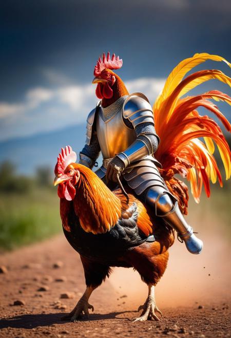 a tiny errant knight riding a rooster to battle, epic photo, action photography, comical and funny, colorful scene,