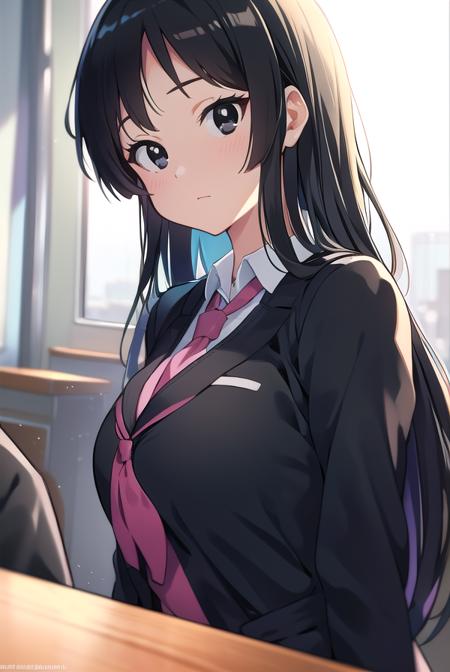 mioakiyama, <lora:mioakiyamatest:1>, mio akiyama, (black eyes:1.5), black hair, long hair, BREAK sakuragaoka high school uniform, school uniform, uniform, BREAK looking at viewer, BREAK indoors, classroom, BREAK <lora:GoodHands-vanilla:1>, (masterpiece:1.2), best quality, high resolution, unity 8k wallpaper, (illustration:0.8), (beautiful detailed eyes:1.6), extremely detailed face, perfect lighting, extremely detailed CG, (perfect hands, perfect anatomy),