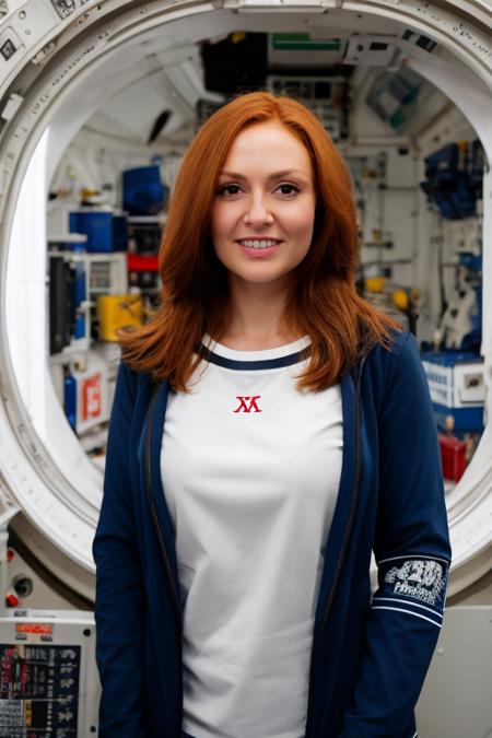 photo, detailed background, natural woman,high quality photo, perfect details and textures, highly detailed front view, perfect lighting, perfect composition, perfect lighting,<lora:xxcriscas-07:1> redhead xxcriscas with an astronaut suit in the space station