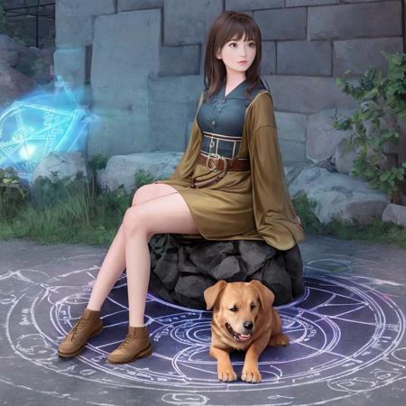 a dog and a girl is sitting on the a big glowing transmutation circle ,  <lora:TransmutationCircle:0.5>, masterpiece, best quality, detailed face,