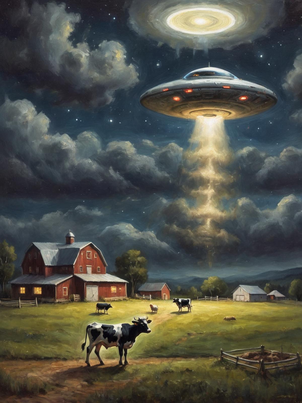 A painting of a cow and a spaceship in the sky.