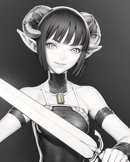 <lora:Claymore-NAI-LyCORIS-512px:0.90>
1girl, solo, short black hair, bobcut, neck_bell, pointy ears, sheep_horns, smirk, holding sword