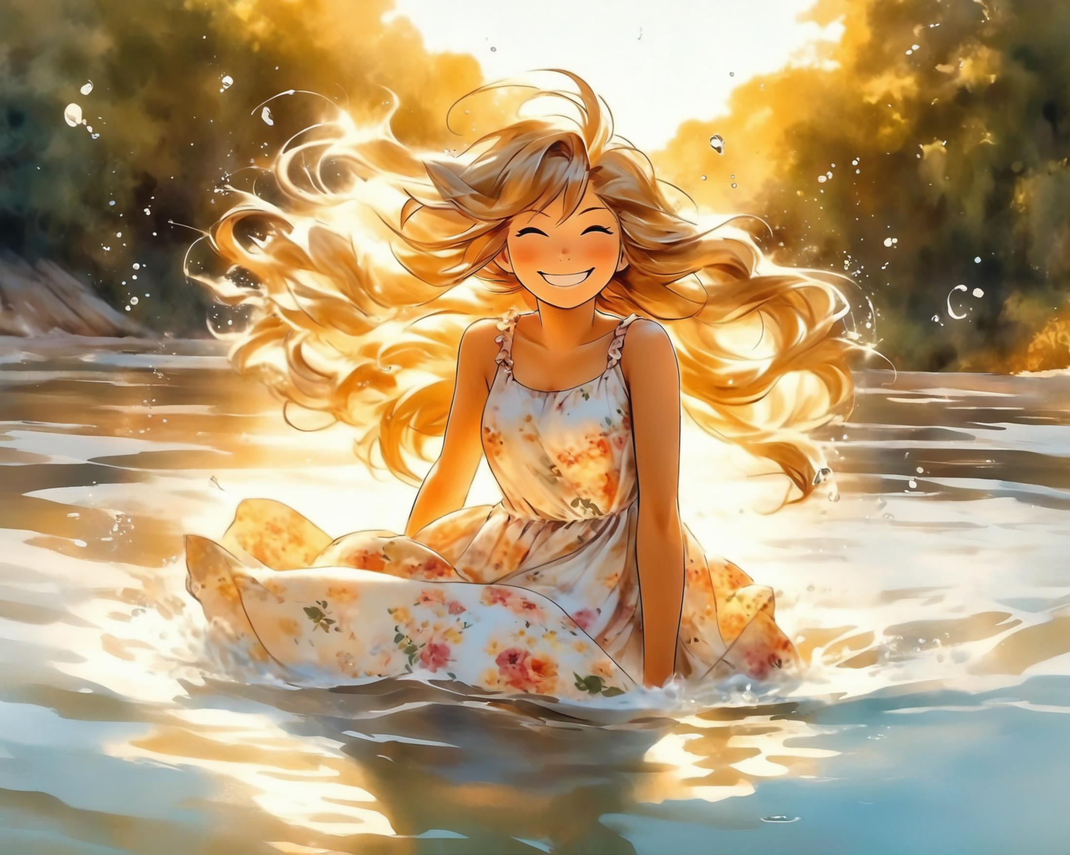 A smiling woman sitting in water with her hair blowing in the wind.