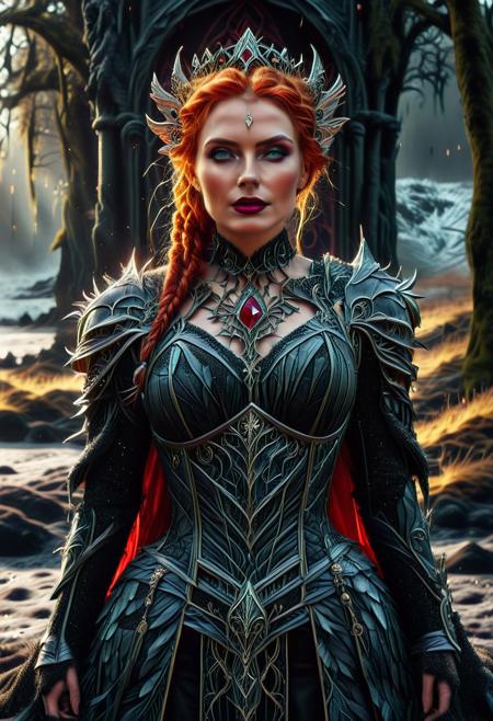 ObsidianSand, nbn-freyja, (ObsidianSand background:2), indoors, standing, 1woman, solo, long hair, black choker, eyeliner, gorgeous lips, covered breasts, cinematic, best quality, ultra-detailed, very aesthetic, (natural eyes:1.4), freckles, aloof, (masterpiece:1.1), small waist, fitness body, wide hips, 32 years old, golden blond hair, censored, (big stained glass windows:1.4), (ObsidianSand Victorian dress:1.6), (red ruby clothes:1.6), high end closure, Evil Queen, cinemascope, moody, epic, gorgeous, film grain, natural hands, red elbow gloves, knee boots, dramatic, ritual magic, freyja, auburn hair, braided hair, magic, forest, Viking queen, mythic beauty, feathered cloak, fur, armor, robe, braid, rune jewelry, photorealistic, cinematic, flowers, jewelry, photorealism, cinematic lighting, high fantasy, mythic portraiture, soft background, northern folklore aesthetic, (fully dressed:2), (RAW photo), 4K, best quality, realistic, photorealistic, masterpiece, extremely detailed, an extremely delicate and beautiful, dynamic, realistic anatomy, candle lighting, perfect shading, professional shading, depth of field, great lighting, goth wedge boots, elegant, gorgeous, highly detailed, detailed fluorescent hair with dark roots, 35mm, f1.4, dark lipstick, full shot photo, perfect face, perfect anatomy, cute, beautiful, perfect beauty, amazing beauty, absolutely perfect, perfect skin, gentle, highly detailed, breathtaking, clear skin, (ObsidianSand clothes:2.6).