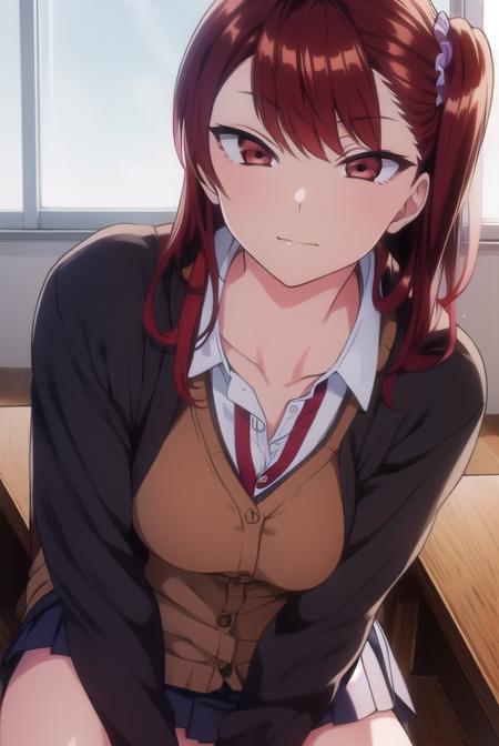 izuminogami, <lora:izuminogami-lora-nochekaiser:1>, 
izumi nogami, red hair, one side up, medium hair, scrunchie, (red eyes:1.5),
BREAK skirt, school uniform, pleated skirt, shoes, socks, cardigan, brown cardigan,
BREAK looking at viewer,
BREAK indoors, classroom,
BREAK <lora:GoodHands-vanilla:1>, (masterpiece:1.2), best quality, high resolution, unity 8k wallpaper, (illustration:0.8), (beautiful detailed eyes:1.6), extremely detailed face, perfect lighting, extremely detailed CG, (perfect hands, perfect anatomy),