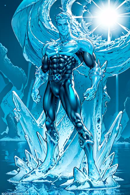 <lora:AdamHughesStyleV5:0.95>    <lora:Iceman-RLouisDrake:0.95> Robert Louis Drake, solo, smile, short hair, 1boy, closed mouth, monochrome, upper body, male focus, muscular, hero pose, muscular male, blue theme, ice statue,  intricate details, masterpiece, absurdres, best quality, realistic, Highest Quality, (diffused soft light), dramatic lighting <lora:made_of_ice:0.25>, standing on top of water freezing