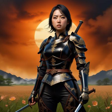 Ultra realistic color pencil  image of
a beautiful Japanese woman in a tight fitting black leather armor stands in a field with a quarter staff, ready to defend herself against oncoming enemies.
BREAK
 Deep dark intense orange-brown misty background
Dark theme, dynamic lighting, (soft shadows), (soft focus), (photo realistic), uhd, 8k