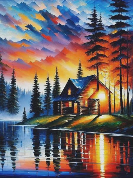 <lyco:LeonidAfremov:1.0> a cabin on a lake in Minnesota, with the Sunrise through the forest, smoke coming out of the painting by Leonid afremov