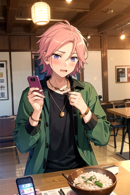 <lora:KohakuES-08:0.7>,kohakues, solo, blush, shirt, 1boy, holding, jewelry, purple eyes, jacket, pink hair, male focus, food, necklace, black shirt, chair, phone, table, cellphone, smartphone, lens flare, bowl, green jacket, chopsticks, rice, holding chopsticks, rice bowl, restaurant