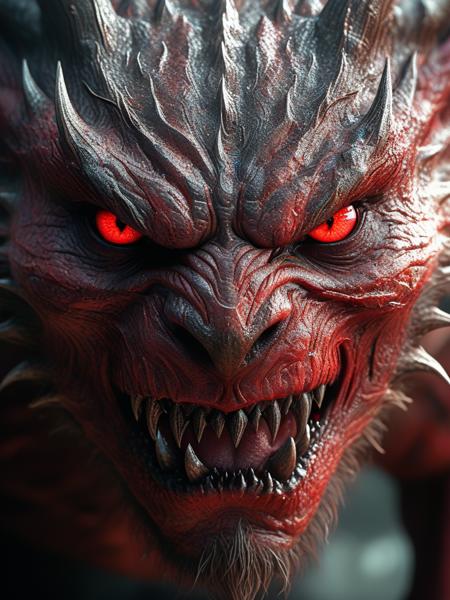 Close-up view of a monstrous creature's face, centered in the frame, (detailed texture:1.2) with a ferocious expression, showing sharp teeth bared in a menacing growl, eyes glowing red, showcasing dark, complex shadows and highlights across the face. The creature's skin appears like rough, aged bark, with varying shades of brown and dark tones, contrasting with the stark light in the eyes. The overall mood is dark and ominous, evocative of a mythical beast. High detail digital art, stylized illustration, photorealistic, epic scale, dramatic lighting, (intricate details: 1.1), intense, (red eyes: 1.2),
 <lora:CINE-000008:1> CINE ,<lora:unholy-000009:0.51> ,<lora:BeautyInEvilXL:0.51> hkevil