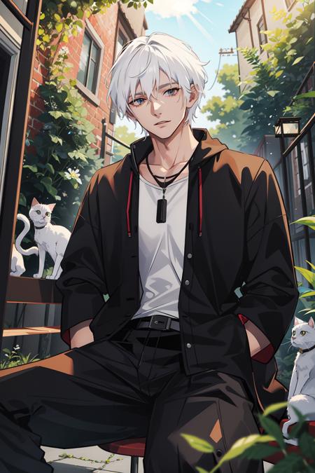 masterpiece, best quality, 1 male, adult, tall muscular, handsome, white hair, background is back alley, detasiled sunlight, sitting, Little cats are gathered next to him, dappled sunlight, day, depth of field, plants, summer