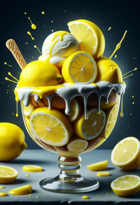 wl_lemons, (Masterpiece, Best Quality, 4k, Highres:1.2), an ice cream sundae 
 made of lemon,