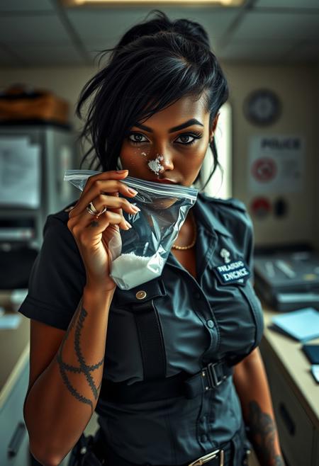 Highest quality, (cinematic lighting:1.1), action movie film still, (a clueless black rookie woman police officer with white powder covering her nose), perfect face, detailed facial features, alluring eyes, (wearing naughty police uniform with short skirt and harness), sniffing from a clear plastic bag filled with cocaine. posing in the evidence room inside a police department, thin body, dazed look, large breasts, big ass, [wide hips], (highly detailed skin), punk tattoos, ambient light, photographed on a Nikon Z9, RF 35mm lens, F2.8, HDR, 8k, highly detailed, Cinestill 800T, dynamic angle, (full body:0.9)