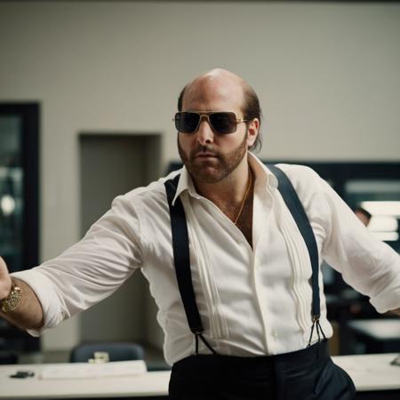 cinematic film still of  <lora:Les Grossman:1.2>
Les Grossman a man in a white shirt and black suspenders and sunglasses looking at something in a studio office , shallow depth of field, vignette, highly detailed, high budget, bokeh, cinemascope, moody, epic, gorgeous, film grain, grainy