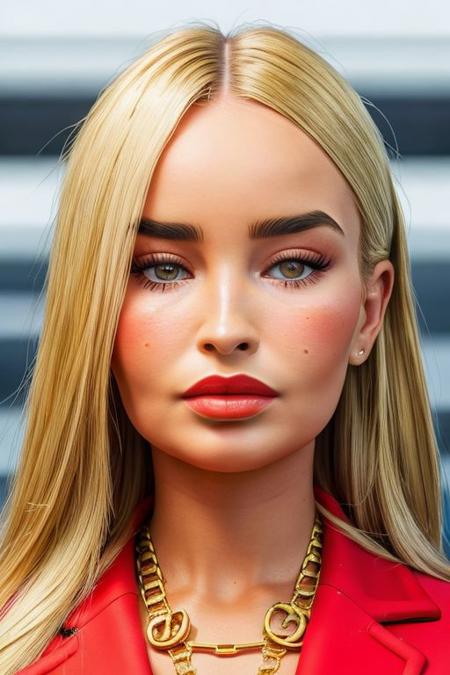 Best quality, closeup, portrait photo of beautiful woman Koh_MadiEdwardsV2-140, wearing red blazer), gucci, blonde hair, perfect face, university library, sharp focus, subsurface scattering, backlight