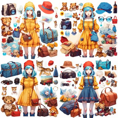 1girl ,blue hair,yellow eye,red dress,park,bag,glass,toy,dress,flowers ,boots,hat,cap,teddy bear,cat ,bottle fgs  , watch,camera,tv,box <lora:fgs_lite:1> white background,