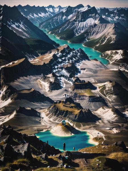 <lora:lora_VerticalLandscapes:1>a person standing on top of a mountain next to a lake