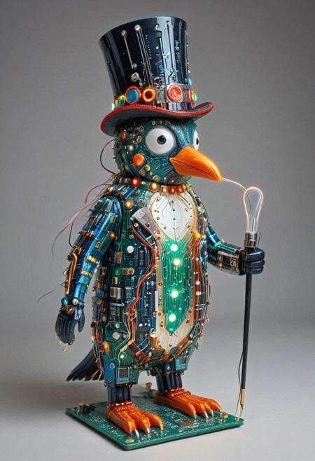 embedding:lazmpos, Transistors, pcb_style, LED, colorful LED lights, RGB lights, red green and blue penguin, art deco, top hat, cane, monocle,RetroBG
