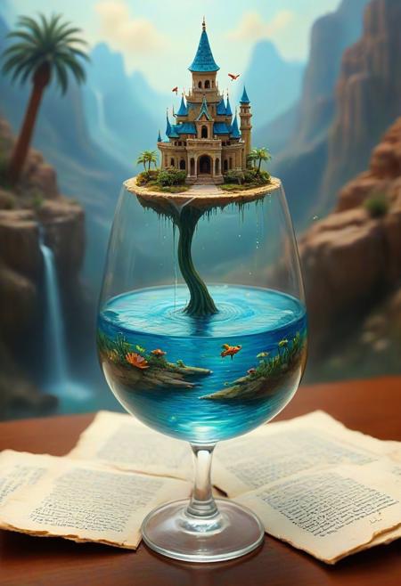 tilt-shift photo of best quality double exposure complex surreal painting on cracked paper, macro, microworld,  hyperdetailed,   insanely detailed, surreal, tiny genie spirit creature, flying oasis landscape placed inside a glass of wine on the table in room. waterfall, lotus flowers,temple palms desert filigree, table cinematic, big eyes 32k, by Rockwell, WLOP Ryniac, Craola, Disney, van Gogh, highly detailed, intricated, intricated pose, high quality, centered, perfect composition.,
<lora:Midjourney_-_SemiReal_Dreams_FLUX_LoRA:1>,<lora:hyper-detail-illustration:1>, Selective focus, miniature effect, blurred background, highly detailed, vibrant, perspective control
