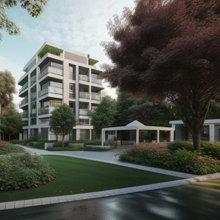 RAW photo of a residential complex of several buildings, surrounded by trees and roads, common garden, 1man, flower, bush, render, matte colored facade, entire building, wide shot, architectural view, 8k uhd, dslr, soft lighting, high quality, film grain, Fujifilm XT3,  <lora:lan_architecture_visualization:0.82>