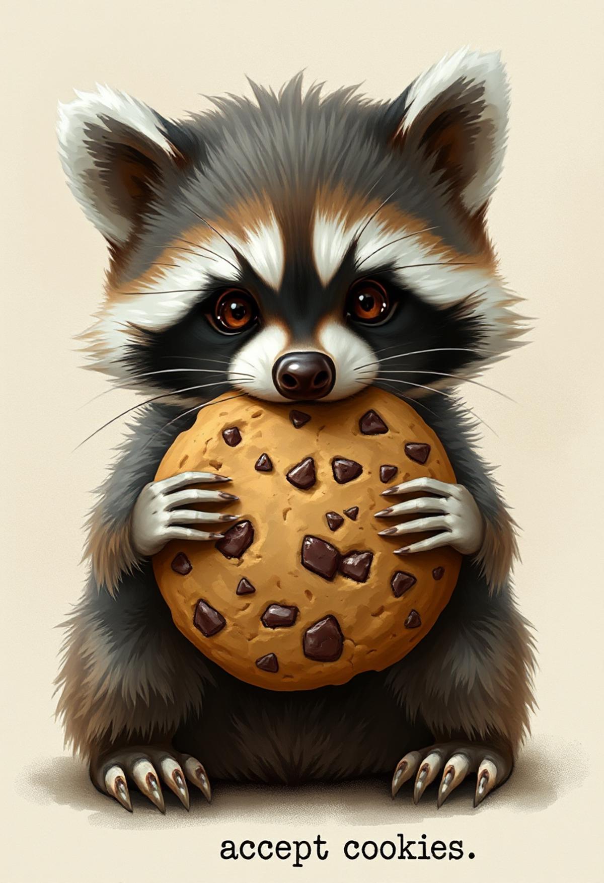 A very very very cute little racoon cub, holding a huge cookie in the mouth, art by meredith marsone, alice rahon, alyssa monks, scott hess, gil elvgren and rebecca guay. hd, hq, 16k : 1 text at the bottom says "accept cookies"