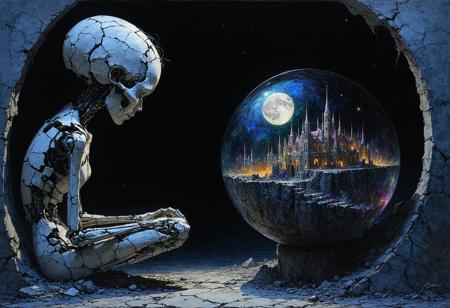 Painterly dark fantasy illustration, style of Brom and Zdzisław Beksiński. Medium close-up: A figure fused from cracked porcelain doll fragments and rusted clockwork gears, hunched posture, gazes intently into a shimmering obsidian orb glowing with internal nebula-like light. Within the orb, a sharp, miniature vision: a sprawling cityscape meticulously constructed from iridescent, shifting beetle wings. Dramatic moonlight casts stark highlights on cracked porcelain and corroded metal, contrasting deep abyssal shadows. Visible, textured brushstrokes. Swirling chromatic dust motes obscure the background. Atmosphere of detached fascination, impossible construction, dreamlike logic.