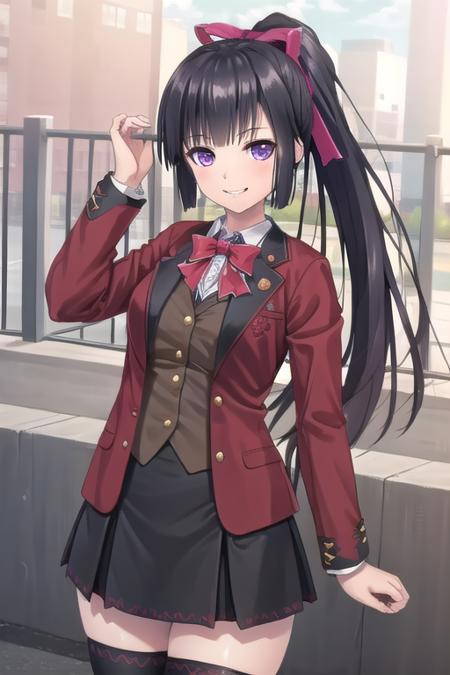 Houjou Asami very long hair,black hair,high ponytail,hime cut,floating hair,hair bow,hair ribbon,pink ribbon,blunt bangs,purple eyes school uniform,red jacket,blazer,wing collar,open clothes,open jacket,red bowtie,red ribbon,brown vest,white shirt,collared shirt,long sleeves,medium breasts,skindentation,miniskirt,black skirt,pleated skirt,zettai ryouiki,black thighhighs,loafers