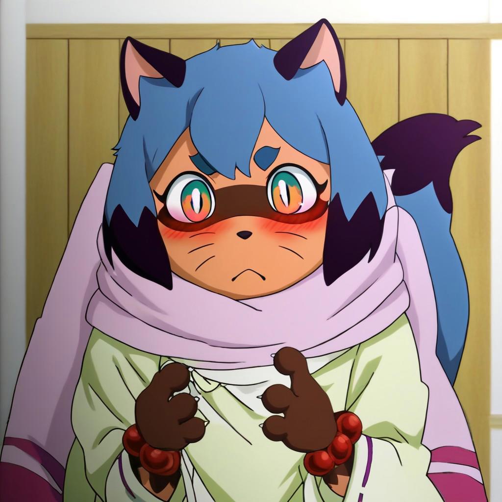 furry, purple scarf, yellow eyes, cat, upper body, blush, bead bracelet, japanese clothes, tail, thick eyebrows, looking at viewer
Michiru kagemori