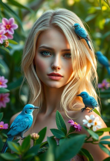 fashion photography portrait of human blonde avatar, in lush jungle with flowers and blue birds, 3d render, cgi, symetrical, octane render, 35mm, bokeh, 9:16, (intricate details:1.12), hdr, (intricate details, hyperdetailed:1.15), (natural skin texture, hyperrealism, soft light, sharp:1.2)