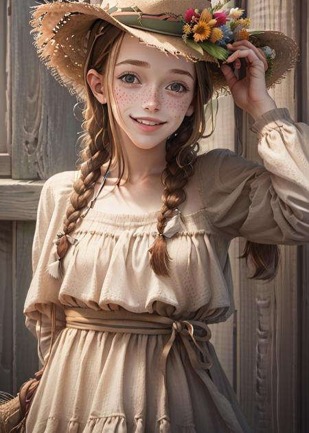 1girl, solo, long hair, looking at viewer, brown hair, hat, upper body, braid, flower, parted lips, twin braids, freckles, realistic, straw hat, smile 