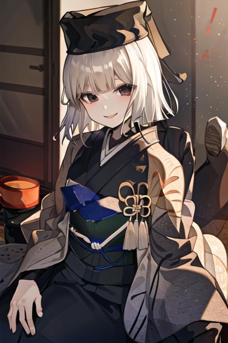 best quality, masterpiece, highres, solo, {yukata:1.40}, {kimono:1.20}, {sen_no_rikyu_fgo:1.15}, bangs, blunt_bangs, hat, black_eyes, black_hair, medium_hair, gradient_hair, grey_hair, multicolored_hair, black_headwear, tassel, smile, small_breasts, breasts