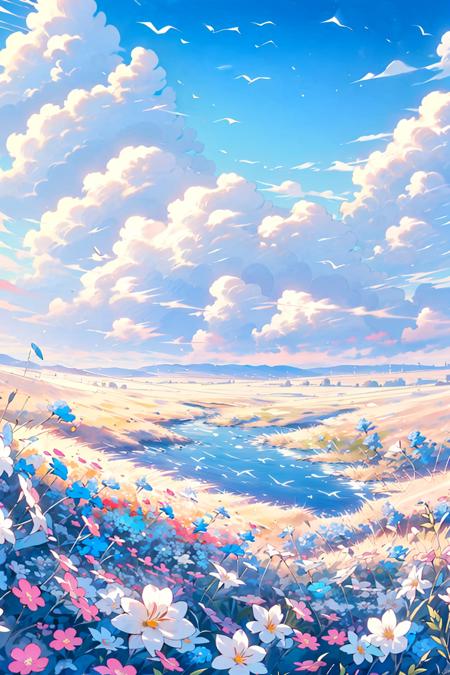 outdoors, scenery, no humans, day, sky, cloud, grass, flower, mountain, field, water, tree, landscape, blue sky, river, pink flower, nature, lake, cloudy sky<lora:Flower field_20230729165144:0.78>