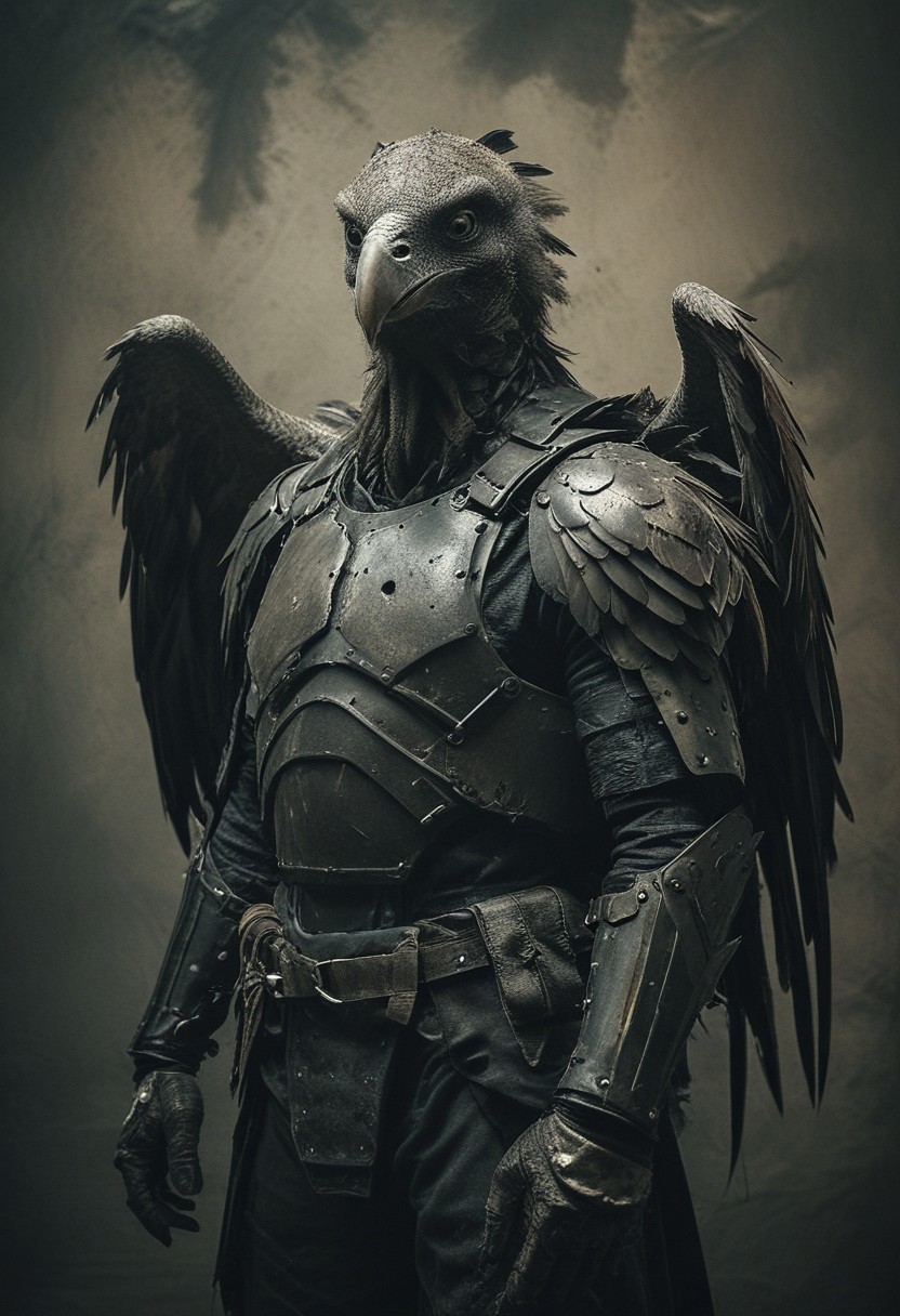 a vulture-man in iron armour, black wings, studio background, high-contrast palette, subtle grain, cinematic quality, modern art photograph, looking at viewer