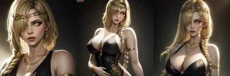 masterpiece, best quality, highest quality, 1girl, breasts, jewelry, hair over one eye, dress, bracelet, blonde hair, black dress, long single braid, large breasts, ring, circlet, breasts out, necklace, armlet, looking at viewer, lips, yellow eyes, bare shoulders, parted lips, hair ornament, cinematic lighting, (volumetric lighting), extremely detailed CG unity 8k wallpaper, focused, 8k wallpaper, 4k wallpaper, extremely detailed, ultra realistic, photorealistic, sharp focus, absurdres, (HDR:1.2), (high contrast), photograph, detailed and intricate, instagram, portrait, highly detailed, digital painting, artstation, concept art, smooth, sharp focus, illustration,, (epic realistic, hdr, luminous, intricate details, hyperdetailed, cinematic, rim light)
 <lora:_Queen_Marika-000007:0.7>