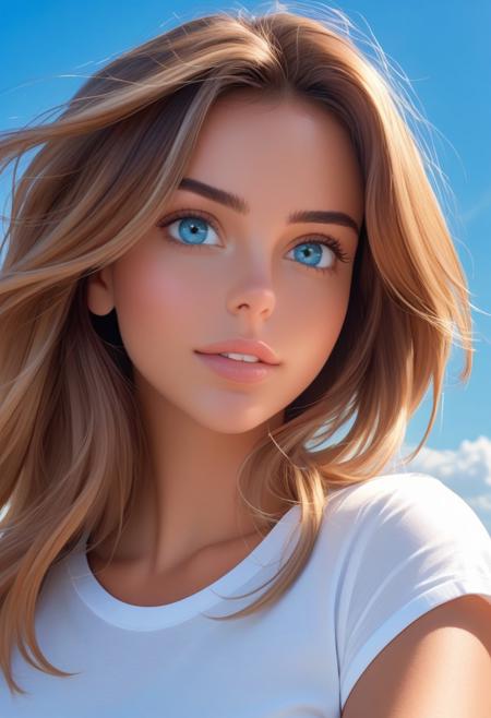 closeup portrait of a stunning lady, neutral expresson, white t-shirt, expressive eyes, sky blue background.
kerinya