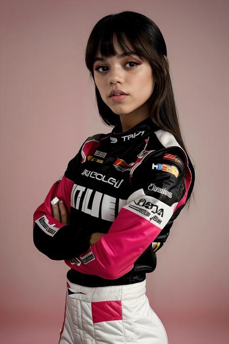 jenna_ortega_v4 wearing black nascar racing suit, long hair, bangs, lipstick, pink makeup, skinny, 
long sleeves, 
medium shot, upper body shot, portrait, solid color background, soft lighting, close up, 
 <lora:Jenna_Ortega_V4:0.7>, <lora:breastsizeslideroffset:-0.2>